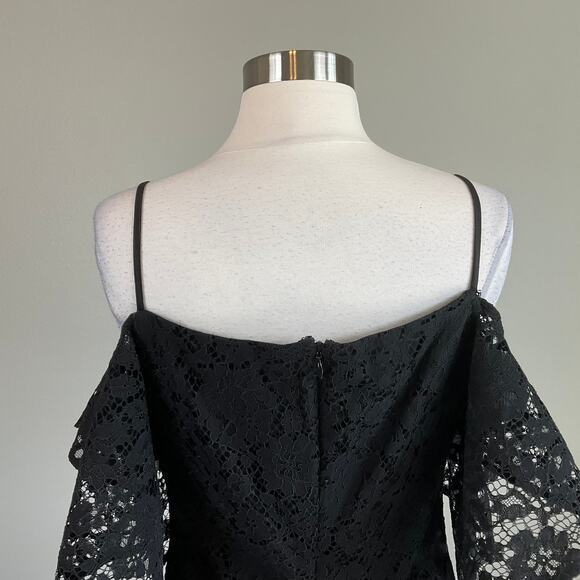 Black Lace Cut Out Cocktail Dress Size 6 LAUNDRY Cold Shoulder Midi Sheath - Picture 6 of 11